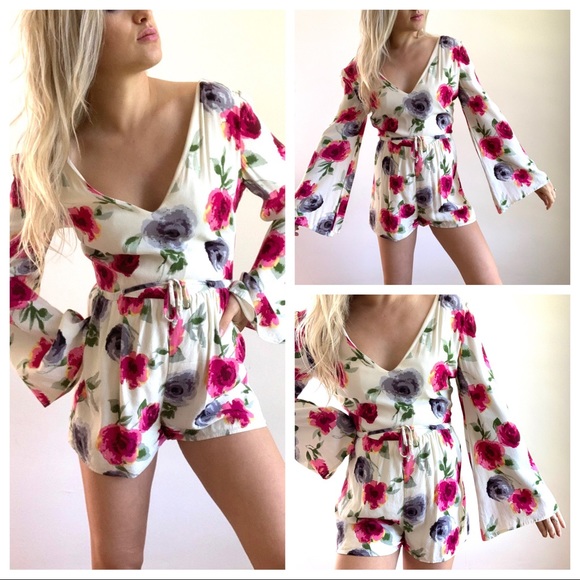 Pants - Floral Flare Sleeve V Neck Romper Magenta Purple L